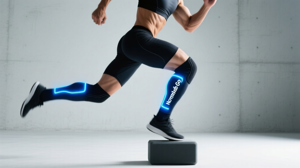Side profile of a runner elevating their legs on a foam block with Normatec Go calf sleeves attached and powered on with blue LED indicators