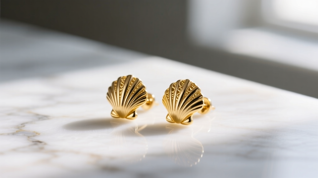 Macro photography of delicate 14k yellow gold shell-shaped stud earrings resting on a piece of white marble, soft morning light