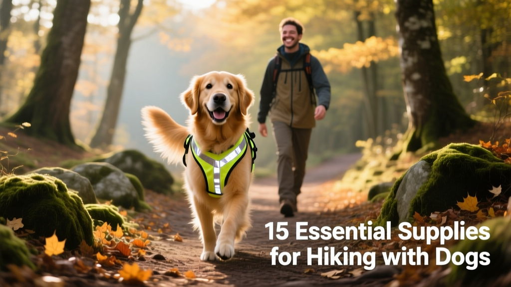 A happy dog wearing a reflective harness and walking confidently on a forest trail beside its owner