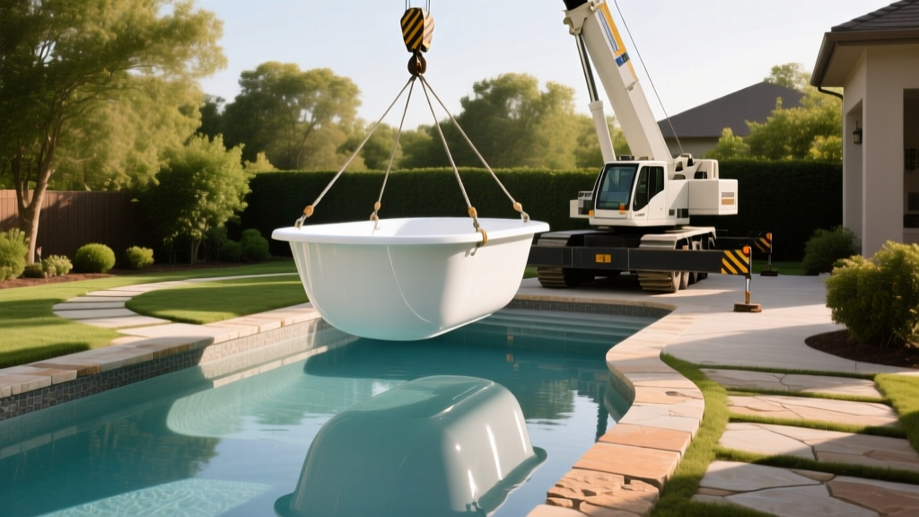 Crane lowering a smooth fiberglass pool shell into a yard next to a finished gunite concrete pool with textured flagstone coping