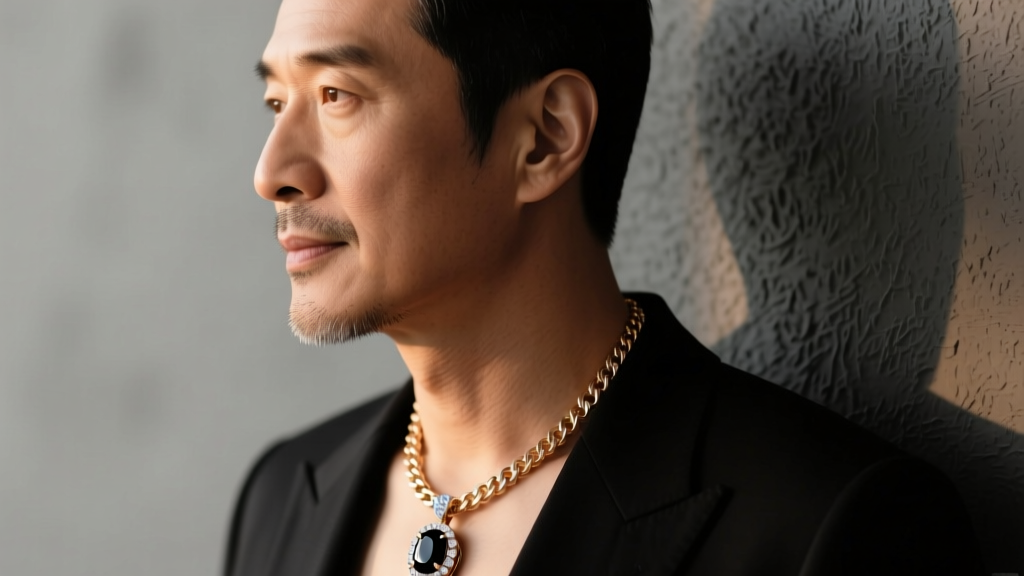 Side profile of a man wearing a 20-inch 18k rose gold box chain with an onyx and diamond pendant under warm ambient lighting.