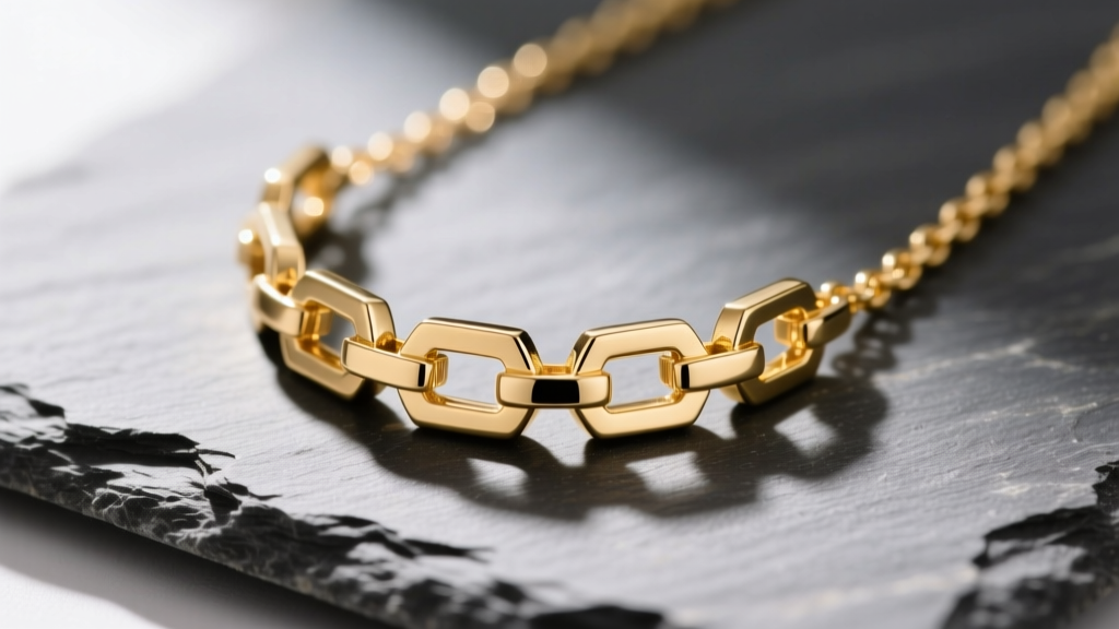 Close-up of a 14k gold square link necklace on slate, showing sharp geometric edges and flat reflective metal surfaces