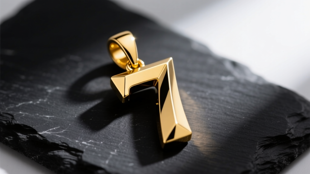 Macro shot of an 18k yellow gold number 7 necklace pendant on dark slate, highlighting sharp beveled edges and a hidden top bail.