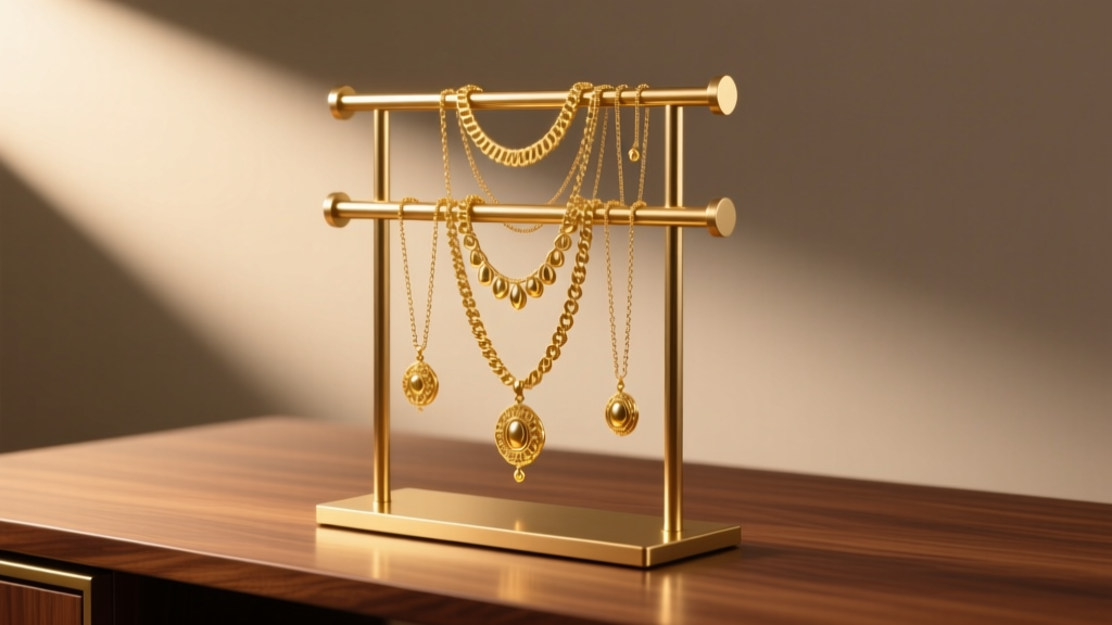 Tall brass jewelry display rack on wood desk, loaded with gold necklaces, illuminated by warm studio lighting, front angle view