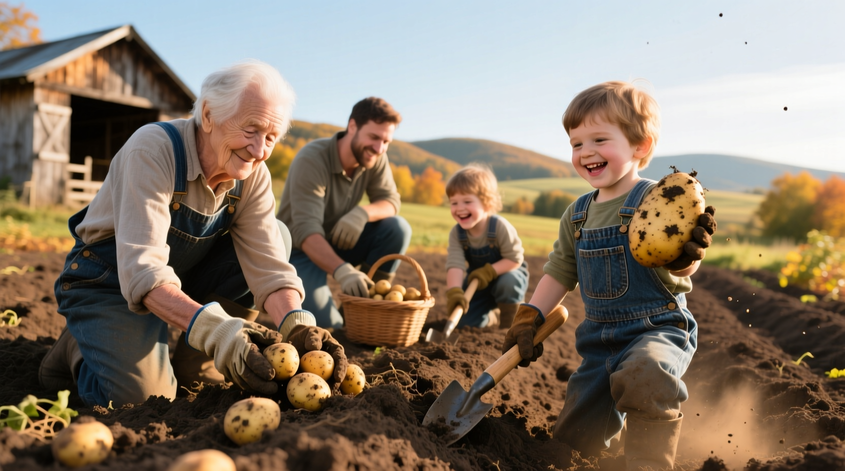 Family harvesting potatoes at a local farm