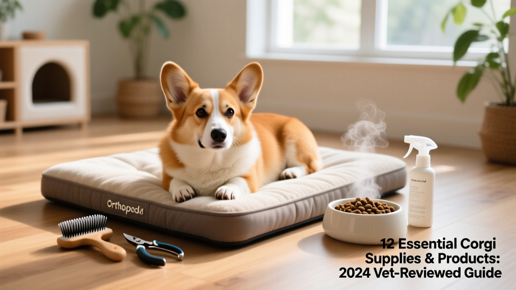 Corgi resting comfortably on an orthopedic bed next to grooming tools and a fresh food bowl