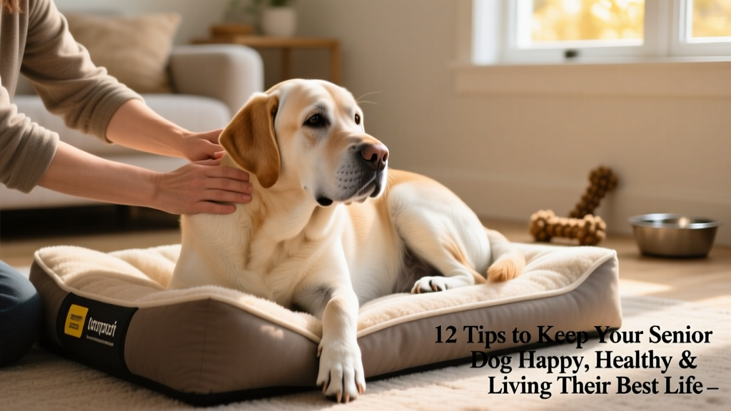Hands gently massaging the shoulders of a calm senior Labrador while he rests on a supportive orthopedic dog bed