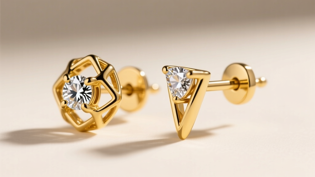 Side profile comparing a four-prong basket setting and a three-prong martini setting on 18k yellow gold earring posts