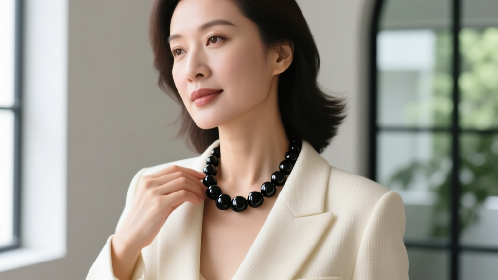 Professional woman in cream blazer styling a 12mm matte black hematite bead necklace, soft natural window light, 85mm portrait.