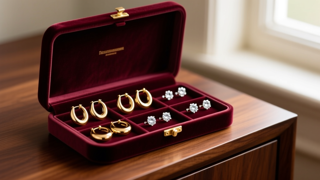 Close-up of an open velvet jewelry box revealing neatly organized 14k gold hoop earrings and diamond studs on a dark oak dresser.
