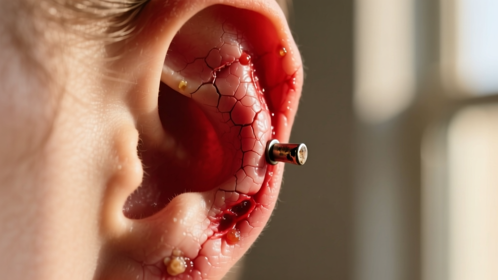 Macro photo of a swollen red earlobe wearing a cheap metal stud, soft blurred background highlighting the severe skin irritation.