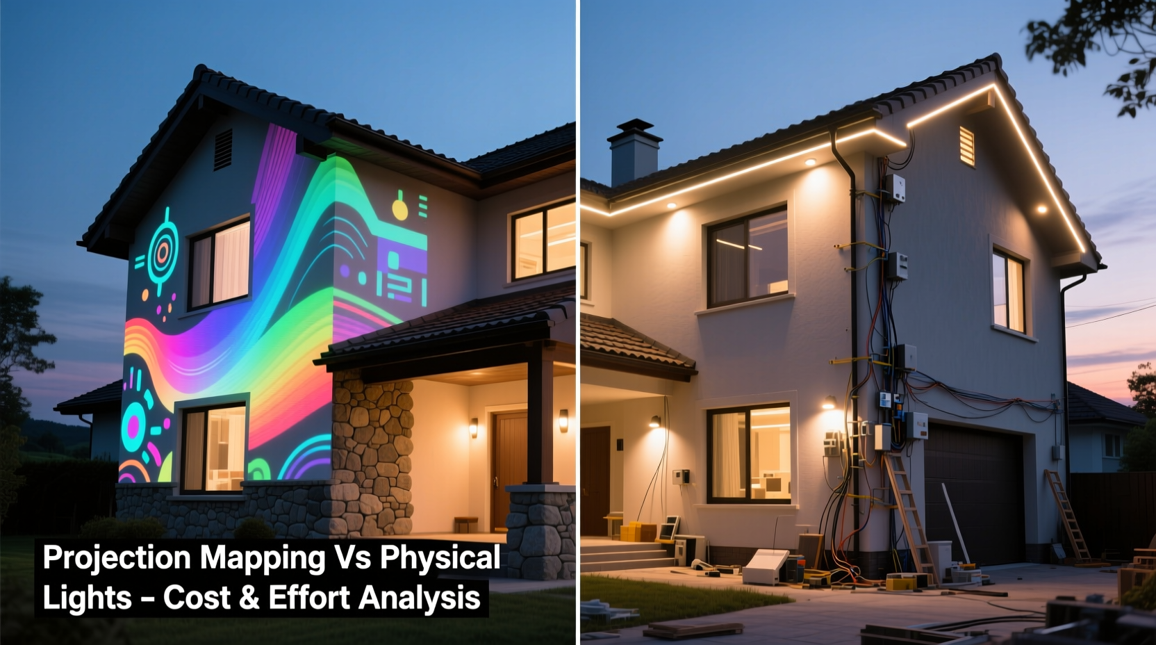 projection mapping on house vs physical lights cost and effort comparison