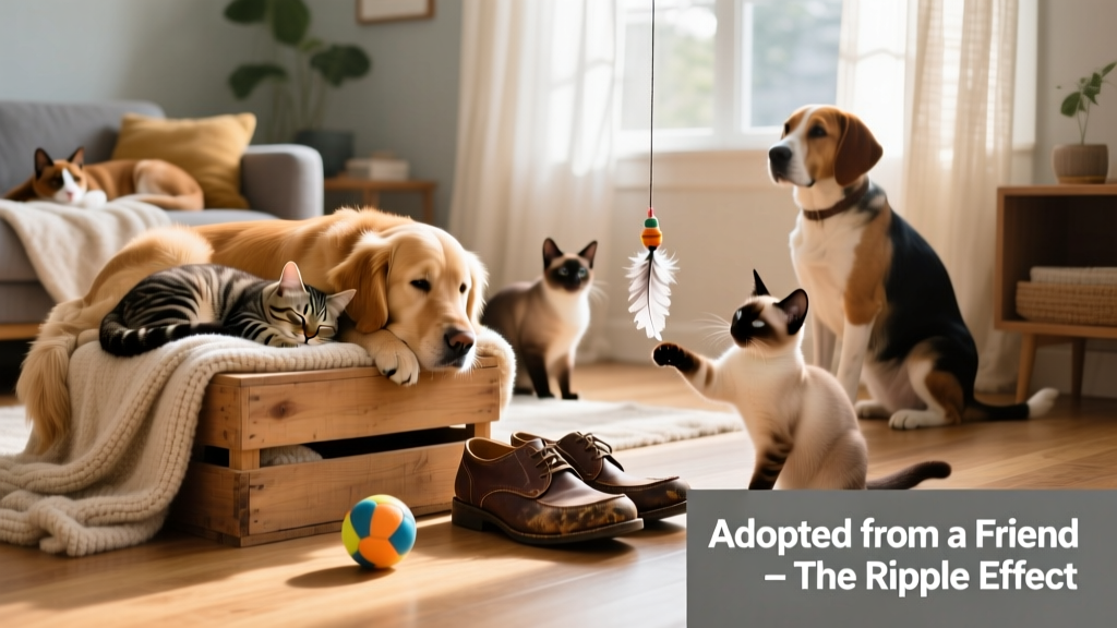 A diverse group of healthy, relaxed cats and dogs in a cozy home setting — some napping, some playing gently
