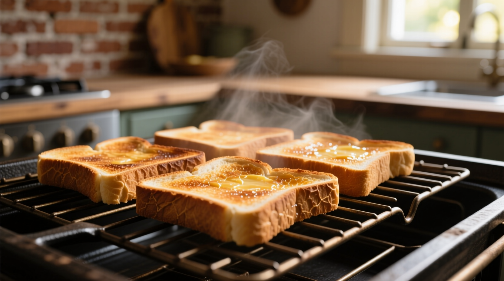 Perfectly golden brown toast slices on oven rack