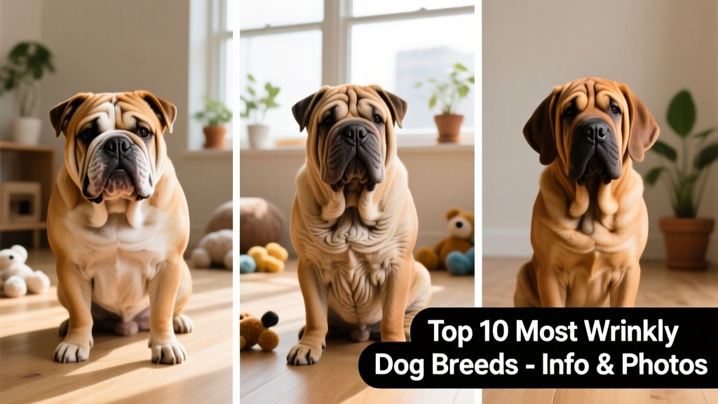 Side-by-side comparison of three wrinkly dog breeds: Bulldog, Shar-Pei, and Bloodhound
