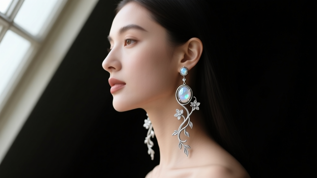 Woman wearing long silver art nouveau drop earrings with moonstone and floral vine motifs, softly lit against a dark background.
