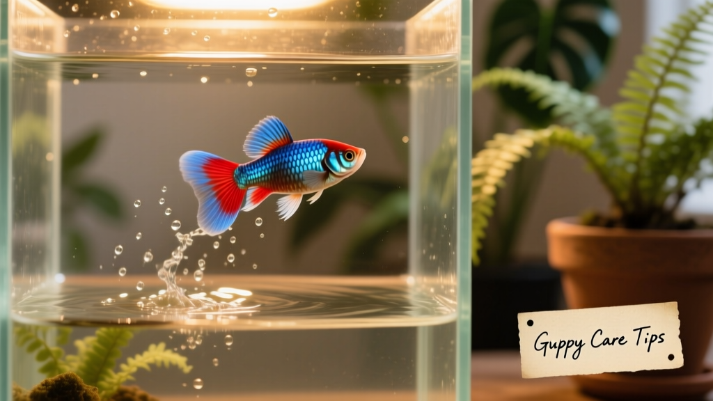 Close-up of a guppy leaping near the water surface in a covered aquarium
