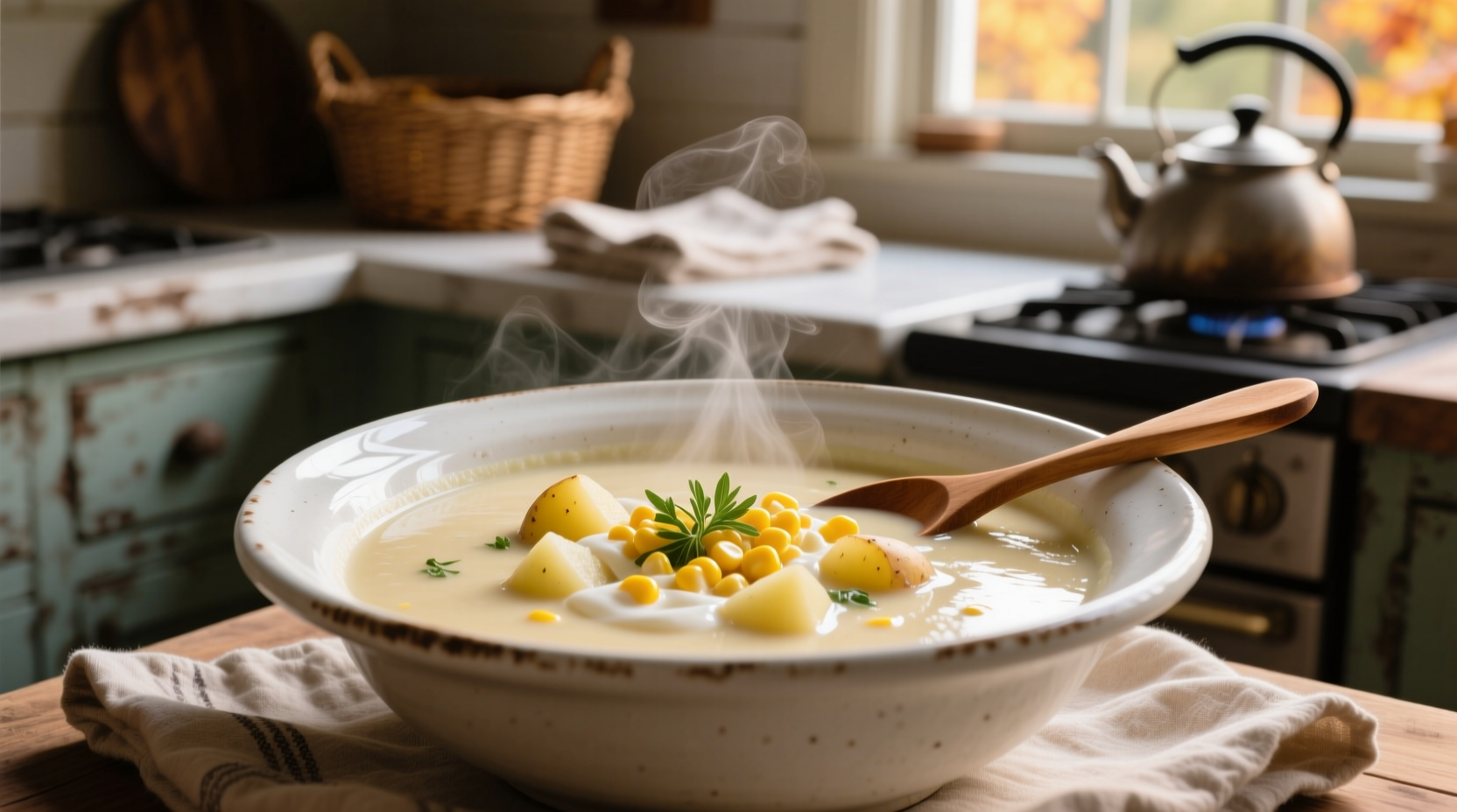 Creamy potato and corn chowder in white bowl