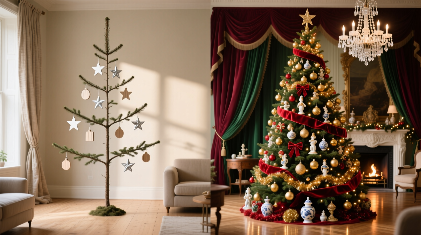 minimalist scandinavian tree vs maximalist victorian style which feels more festive