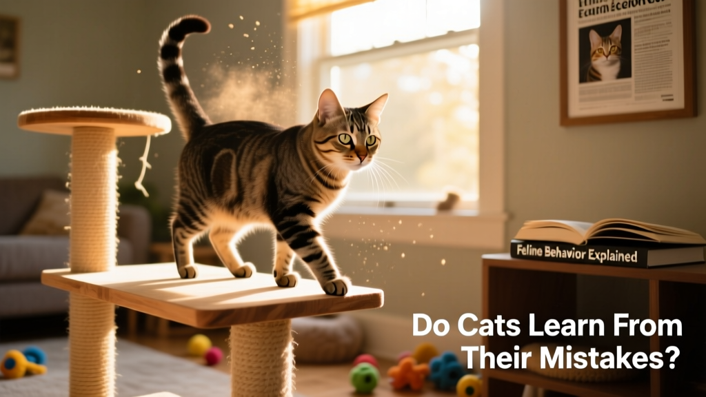 A cat confidently stepping onto a sturdy cat tree platform, tail held high