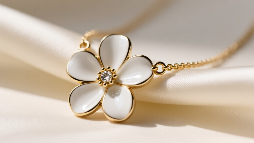 Macro shot of a J.Crew white enamel flower necklace on cream silk, highlighting gold-tone brass hardware and glossy floral petals