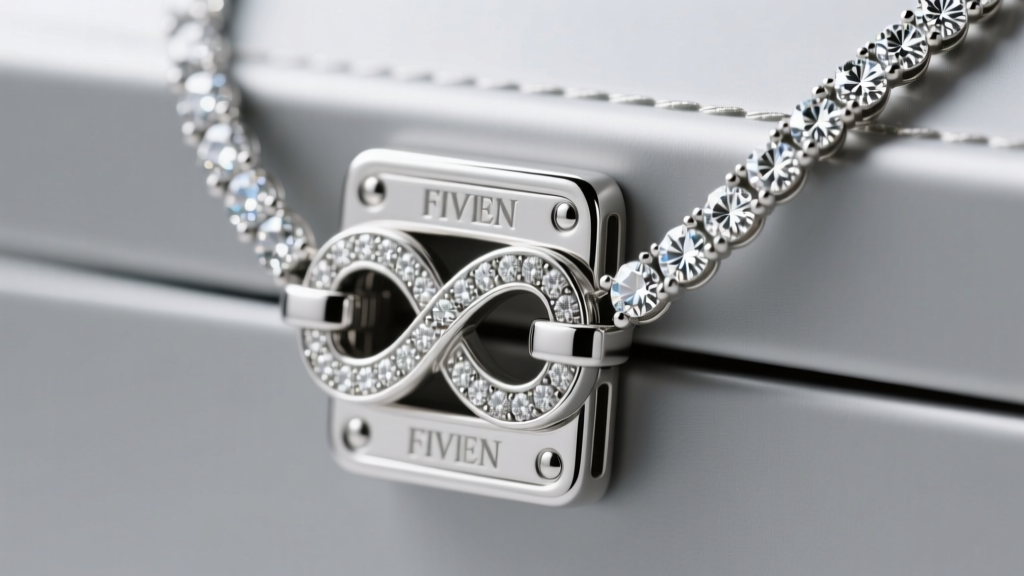 Macro shot of a platinum box clasp with dual figure-8 safety catches on a heavy diamond necklace, lit on a soft gray backdrop.