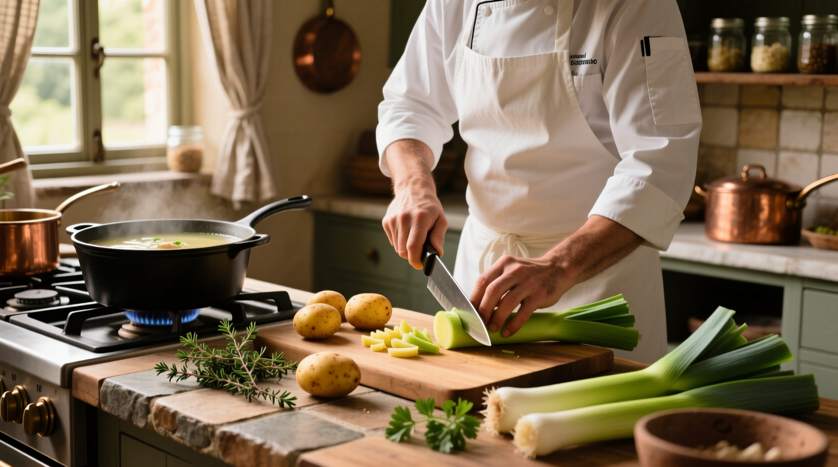 Chef preparing fresh potato leek soup ingredients