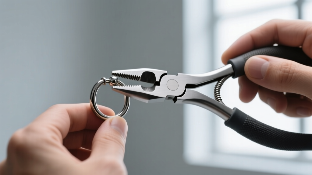 Nylon-jaw pliers carefully adjusting the male tension post of an 18-gauge titanium latch back hoop on a jeweler's bench block