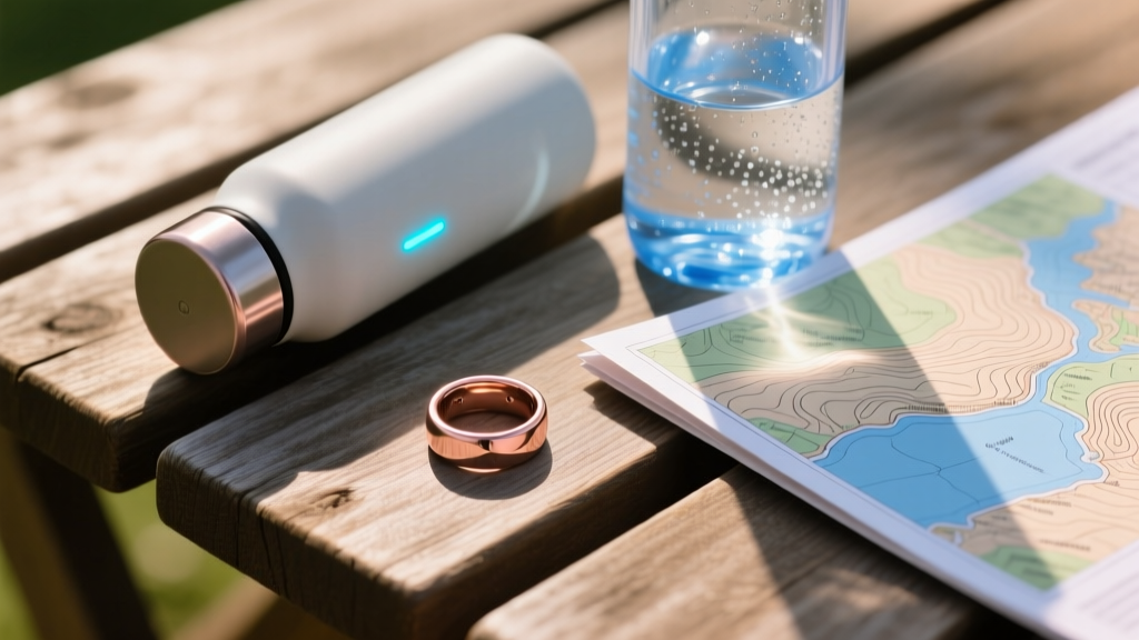 Close-up of a rose gold smart ring and a smart water bottle resting on a wooden picnic table next to a topographic map