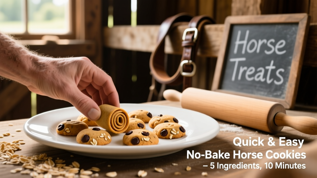 A hand placing freshly rolled no-bake horse cookies onto a clean plate in a barn setting