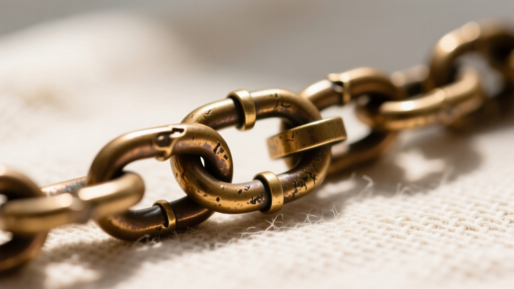 Macro shot of a 14-gauge bronze rolo chain and magnetic breakaway clasp, highlighting interlocking links and matte patina finish.