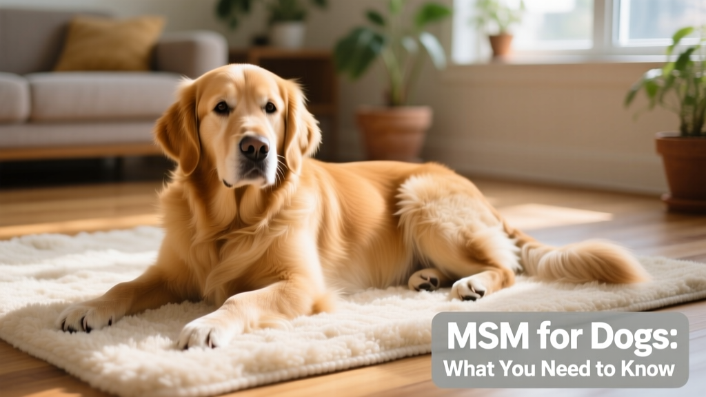 Close-up of a golden retriever comfortably resting on a soft rug, showing relaxed posture and healthy mobility
