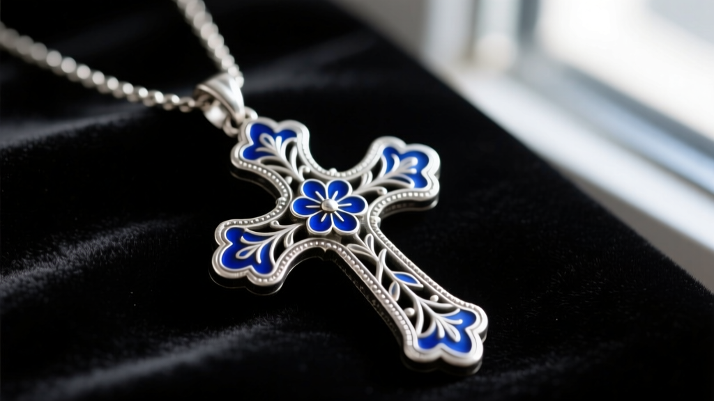 Macro photography of an ornate oxidized sterling silver cross necklace with deep blue champlevé enamel, resting on dark velvet.