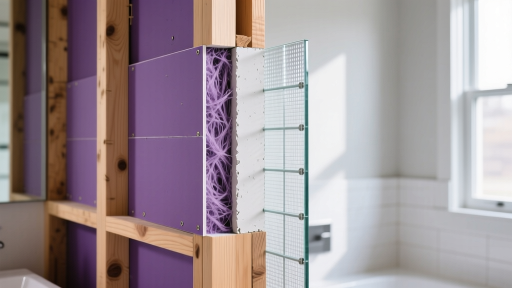 Cross-section of purple moisture-resistant drywall and glass mat gypsum panels stacked near bathroom wooden framing studs