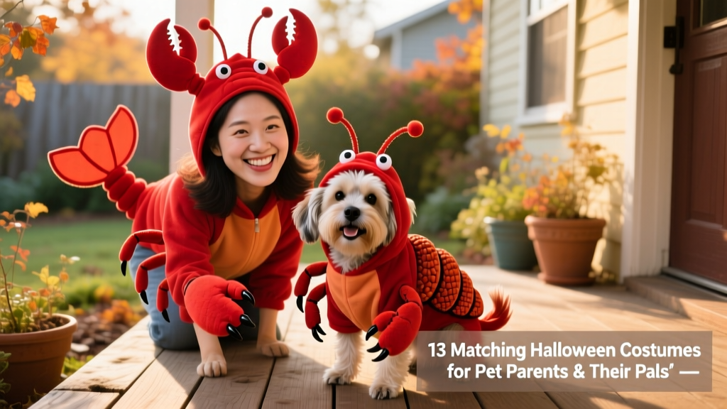 A pet parent and their small dog dressed as matching lobsters, posing playfully on a porch