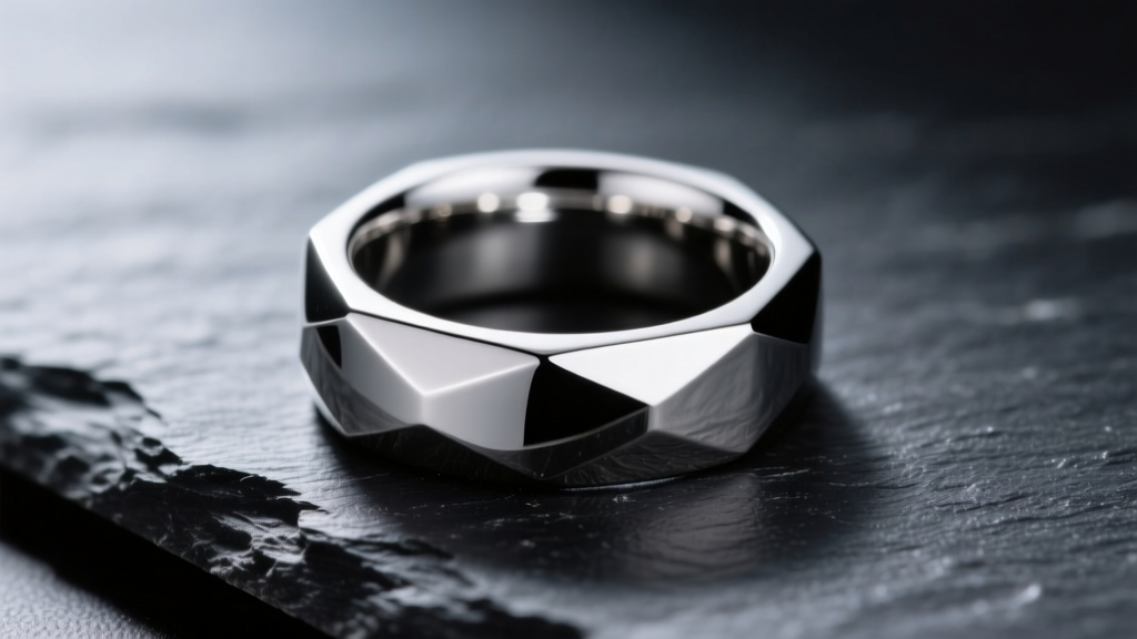 Macro shot of a polished 316L stainless steel signet ring on dark slate, bright lighting highlighting the mirror finish and sharp edges.