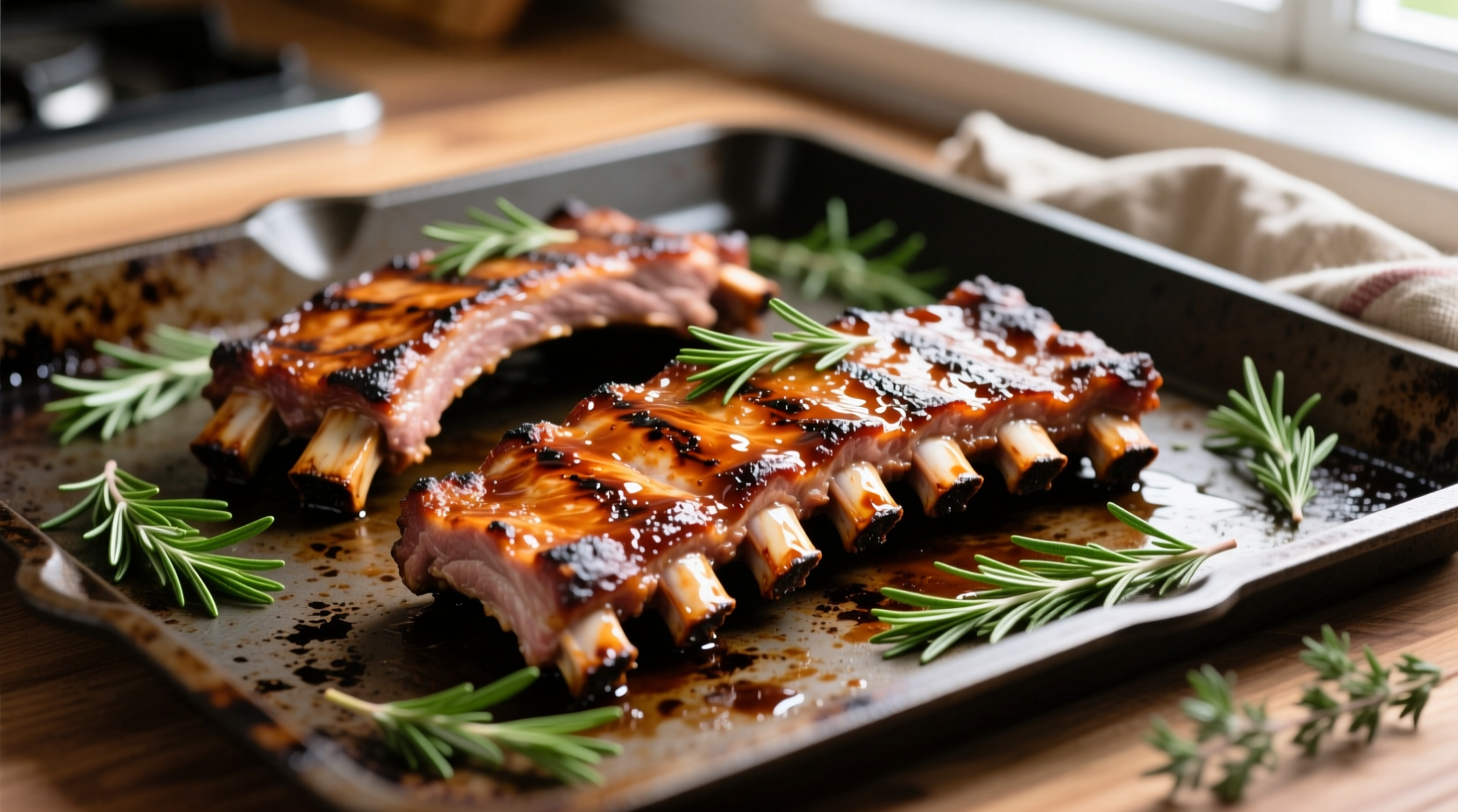 Perfectly cooked pork ribs on baking sheet with herbs