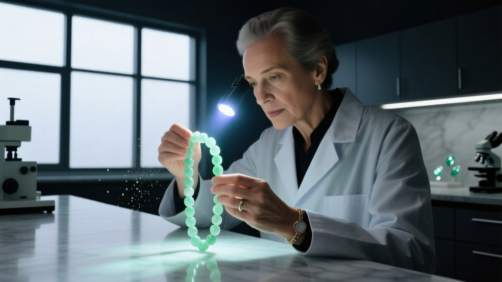 Gemologist using a UV flashlight on pale green vintage jade beads to check for polymer resin fluorescence inside a dark gem lab