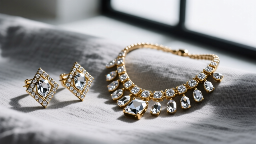 Close-up of J Crew vintage jewelry showing rhinestone clip earrings and a brass crystal bib necklace on textured grey linen.