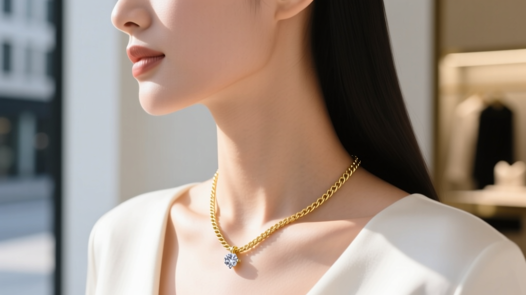 Woman wearing a delicate solid gold rope chain and small diamond pendant, captured in bright natural daylight from a side profile.