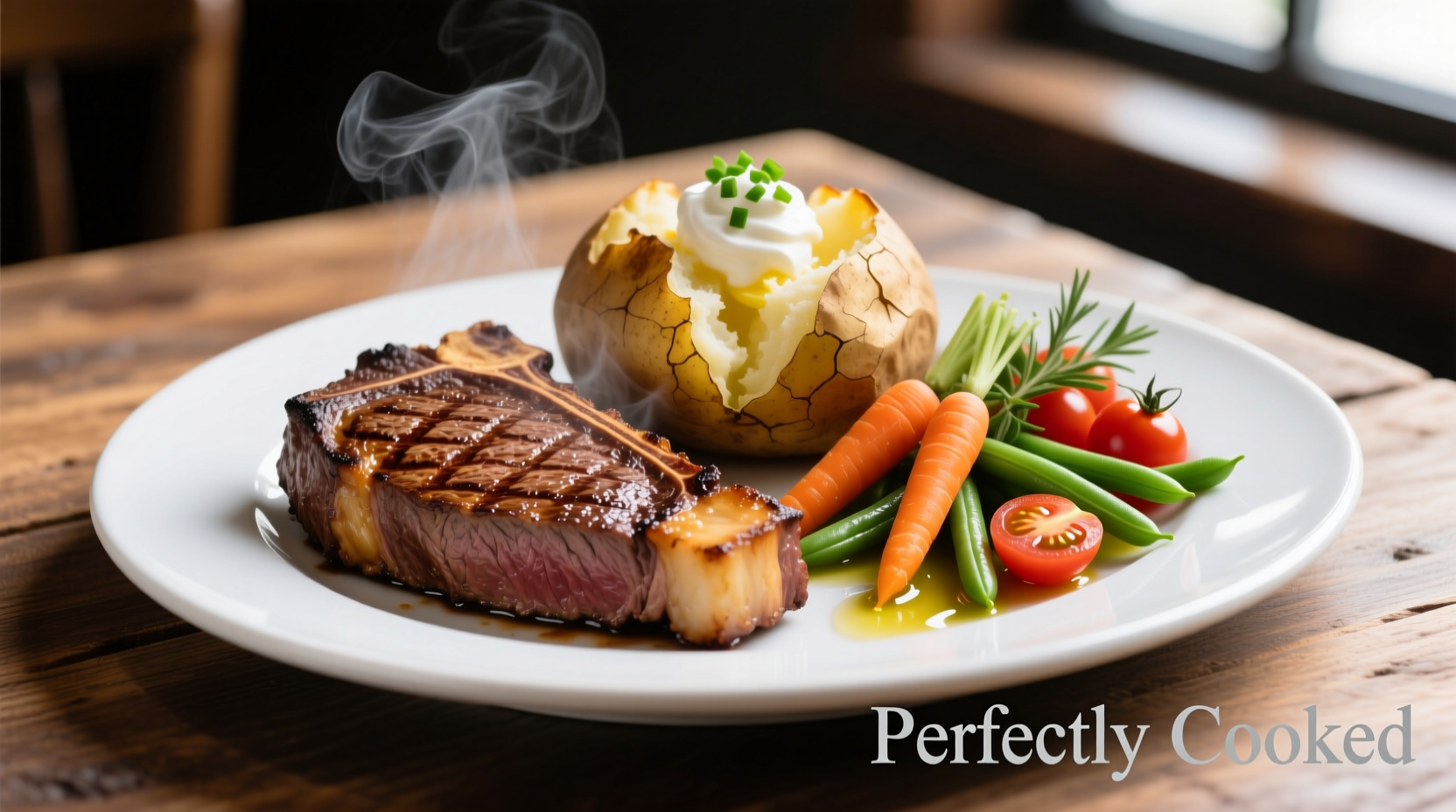 Perfectly cooked steak with fluffy baked potato and vegetables