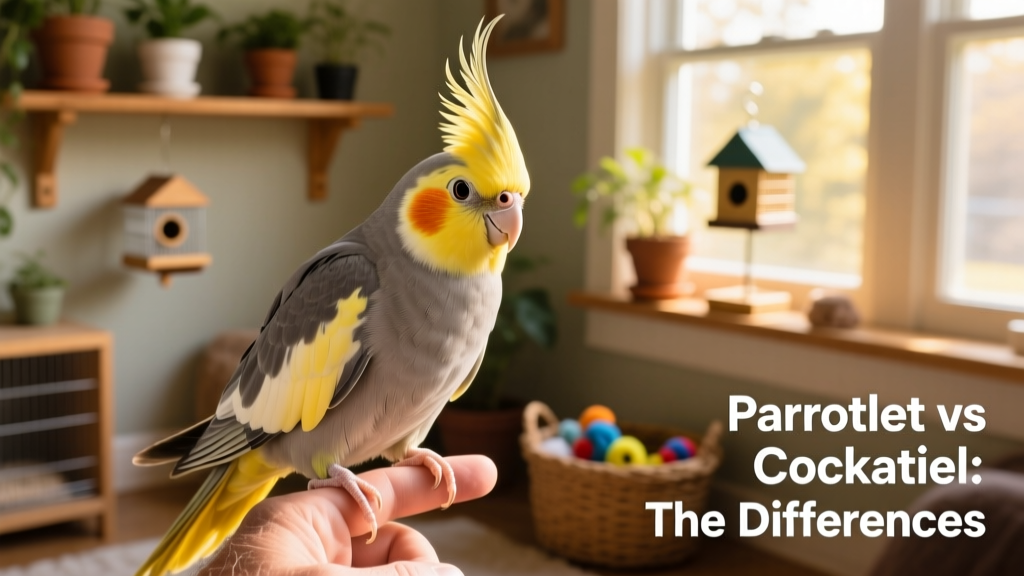 A friendly cockatiel with raised crest, perched on a hand and making gentle eye contact