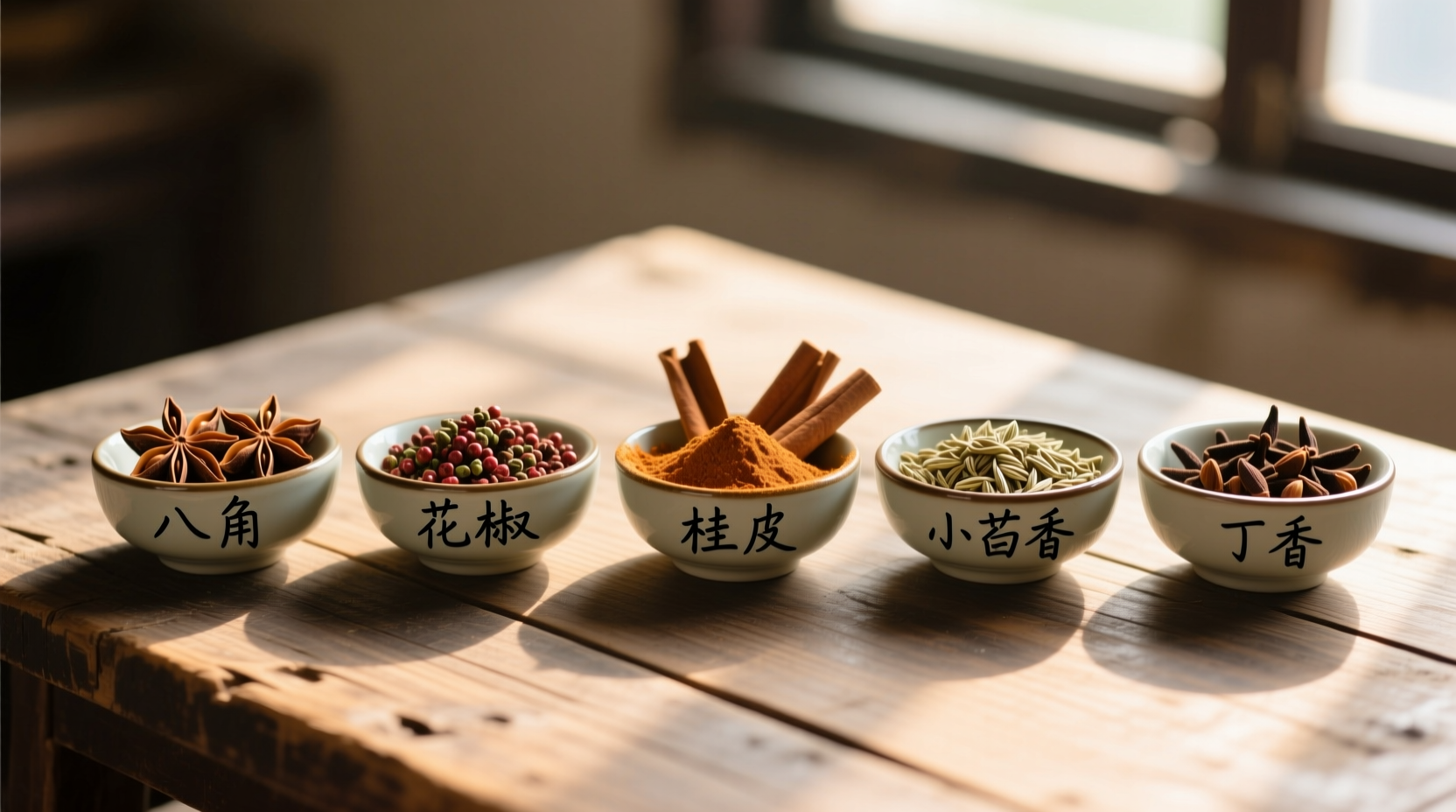 Five spice powder ingredients in small bowls