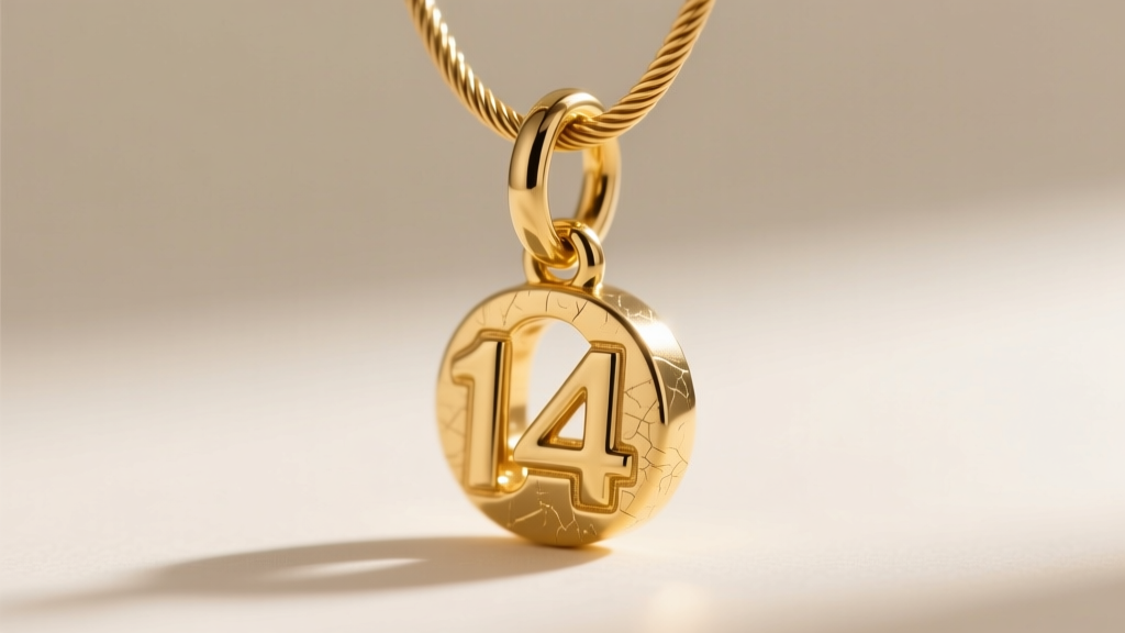 Macro shot of a 14k gold filled charm attached to a cable chain via a split jump ring, highlighting the metal texture