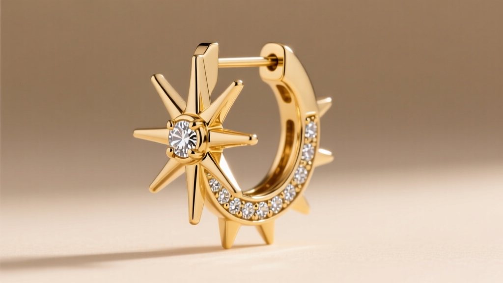 Side profile of a hinged 14k gold sunburst earring ray showing a 2mm jump ring connection and micro-pave diamond setting.
