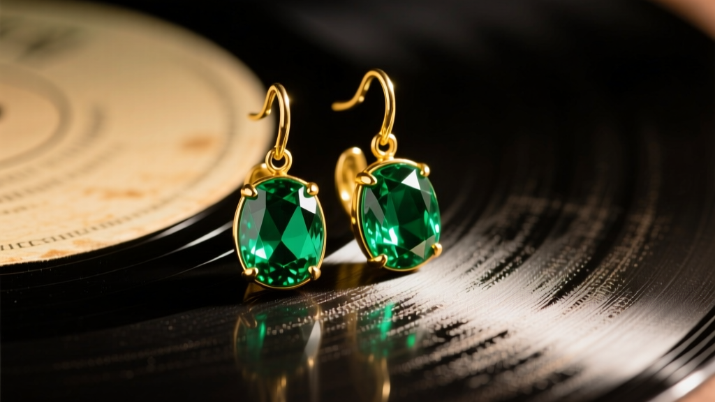 Vintage-inspired emerald drop earrings in 18k yellow gold resting on a vinyl record sleeve, moody warm lighting, macro photography
