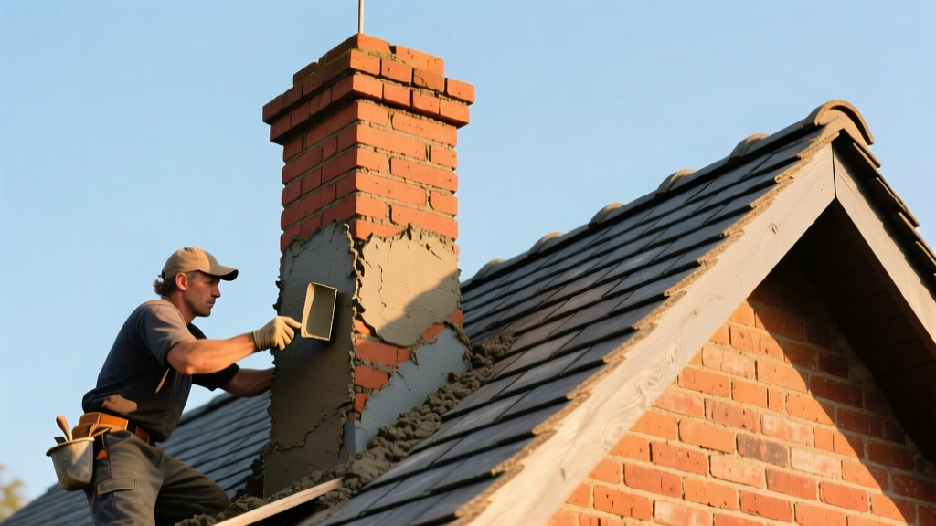 Mason troweling mortar on a red clay brick chimney structure extending through a steep pitched asphalt shingle roof on a sunny day