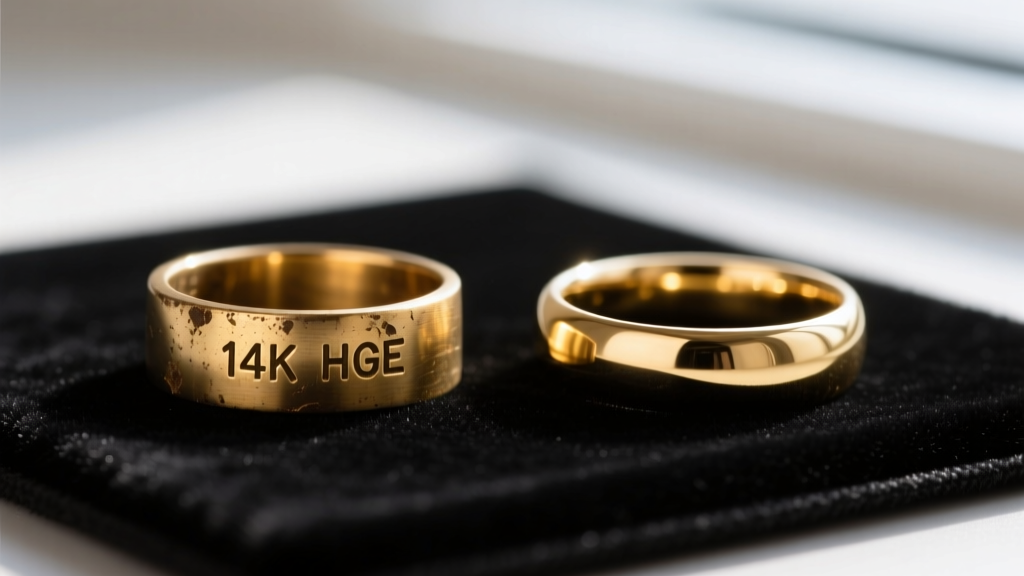Close-up of a tarnished brass ring stamped with 14K HGE, placed next to a genuine solid 14k gold ring on a dark velvet testing mat