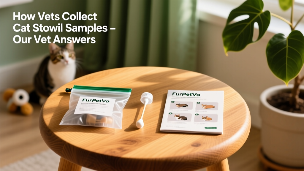 A neatly organized FurPetVo stool collection kit with labeled bag, swab, and instructions