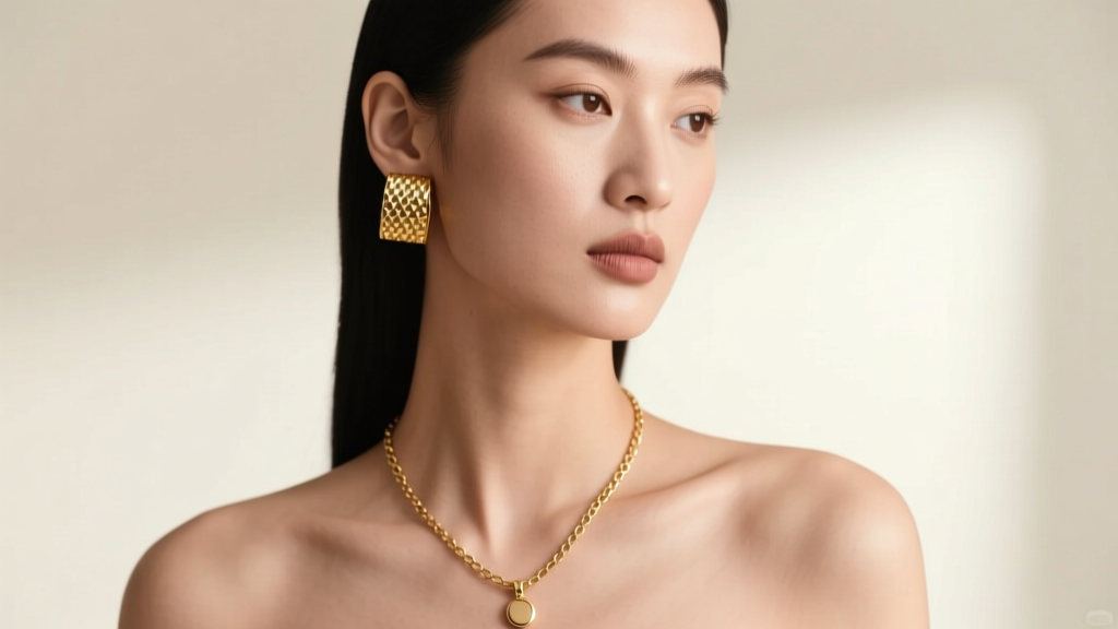 Studio portrait of a model wearing a textured 14k gold ear cuff and a 16-inch chain necklace in soft light